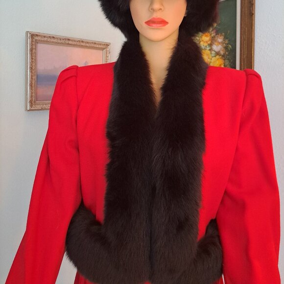 Nolan Miller Elegant Core Red Wool Suit - Black Fox Cuffs &Collar - Size 8 VTG - Picture 3 of 9